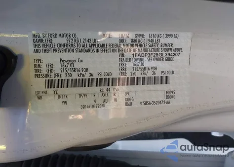 2016 Ford Focus Se from USA, damaged, VIN 1FADP3F28GL394207